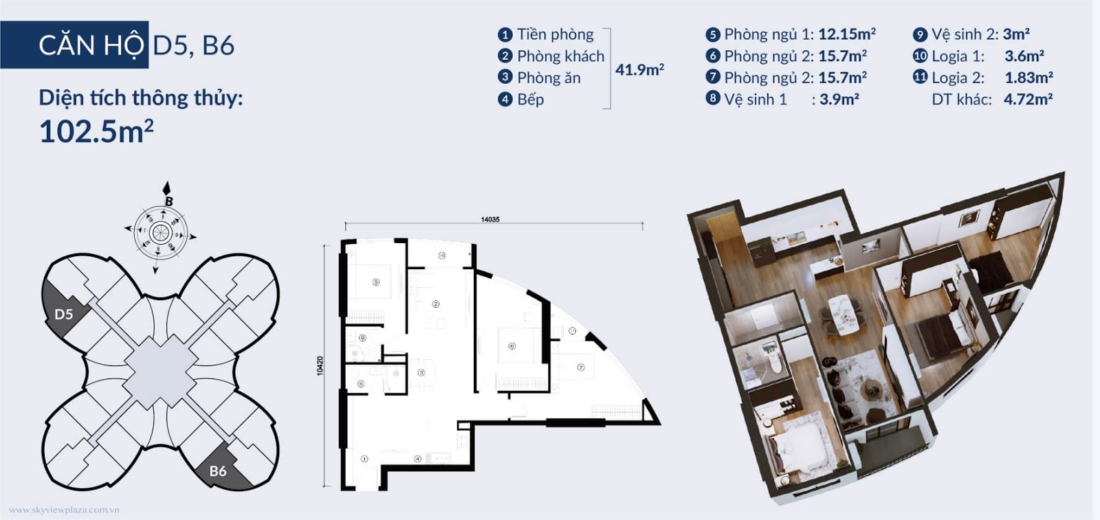 Căn hộ 3 phòng ngủ Dự án The Queen