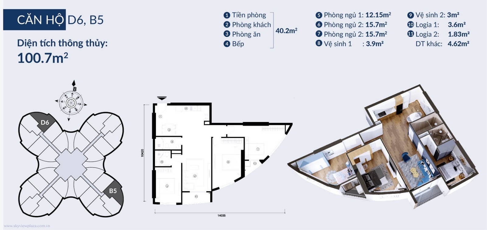 Căn hộ 3 phòng ngủ Dự án The Queen