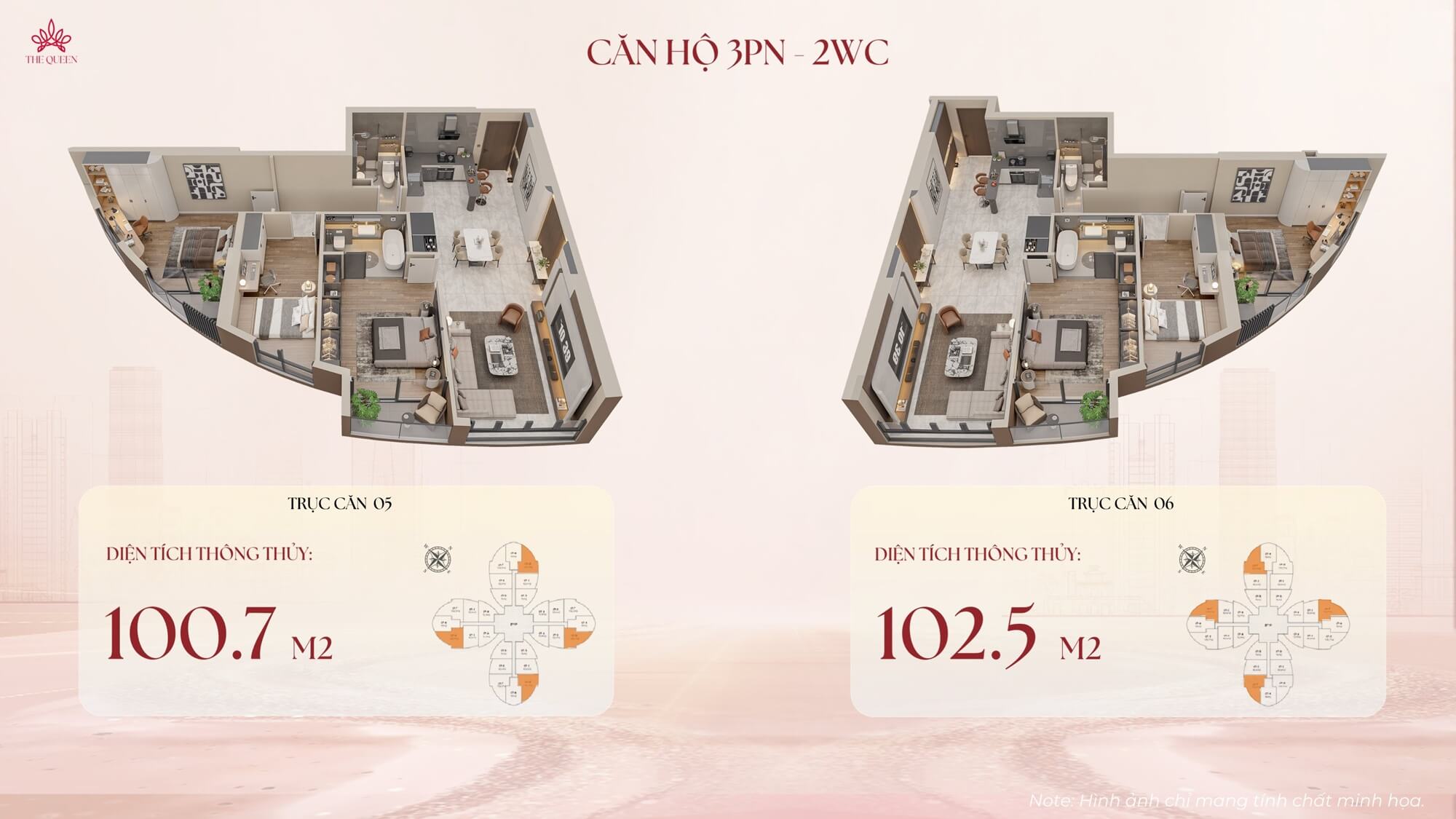 Thiết kế căn hộ 3 phòng ngủ dự án The Queen 360 Giải Phóng